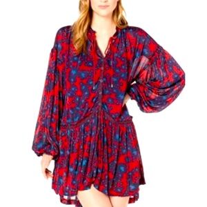 Free People Tunic Dress‎ Small Merlot Combo Love Letter Red Blue Floral NWT